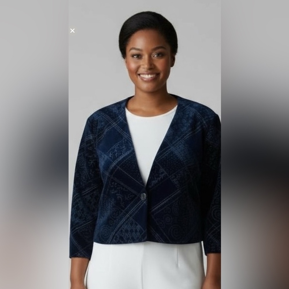 Nancy Bolen Petite Short  Jacket Navy Blue Velvet Look w Metallic